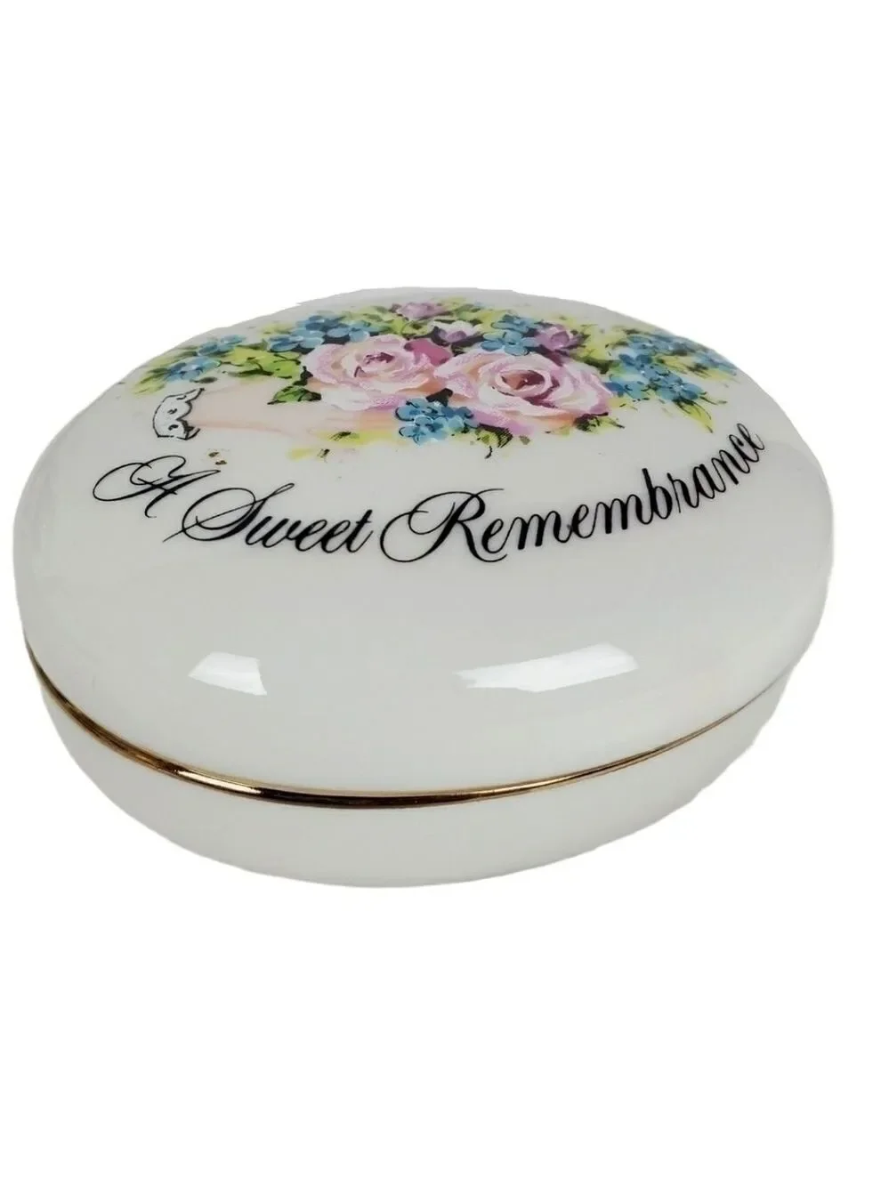 Vtg floral Rose porcelain trinket box 22k gold